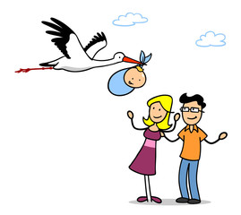 Storch bringt Baby zu Eltern als niedliches Clipart