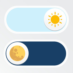 Concept of gadget interface switch to Day and Night mode and ui symbol. Day and Night Mode. On Off Switch. Light and Dark Buttons.