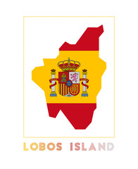 Lobos Island Logo. Map of Lobos Island with island name and flag. Modern vector illustration.