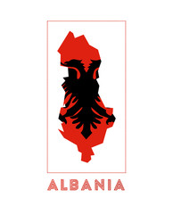 Albania Logo. Map of Albania with country name and flag. Artistic vector illustration.