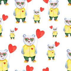 A small, cute bear wearing a yellow shirt and green pants in fun slippers. Heart-shaped glasses and...