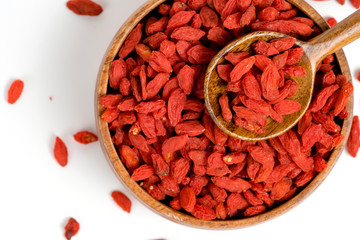 Dried goji, goji berry or wolfberry on wooden spoon as one of the famous antioxidant superfood