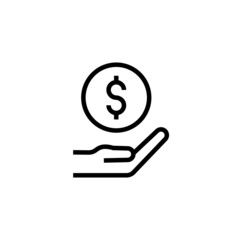 Save money line icon. Simple outline hand holding dollar sign, price cost salary donate bank payment concept. Vector illustration