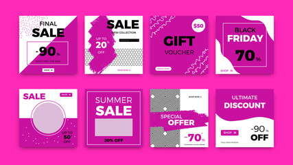 Social media web banners. Square sale discount promo layout isolated on pink background. Web price banner templates for mobile apps, digital blogging, vector set