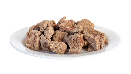 Boiled beef on a white plate isolated on a white background