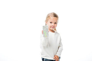 adorable kid showing smartphone with map on screen, isolated on white