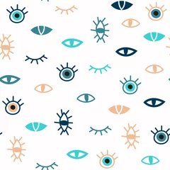 Printed kitchen splashbacks Eyes Trendy evil eyes seamless pattern as set of various hand drawn talismans in simple flat design, free hand doodle style, contemporary modern vector illustration