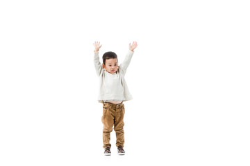 little asian boy jumping isolated on white