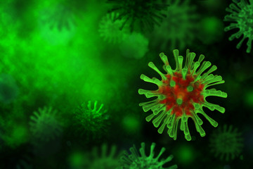 3D Rendering dark green virus,  The infection in host organism viral disease outbreak, Select focus...