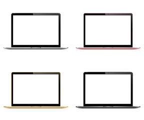 Laptop collection with blank screen Isolated. Silver, darkgrey, gold and rosegold color. Blank device mock up