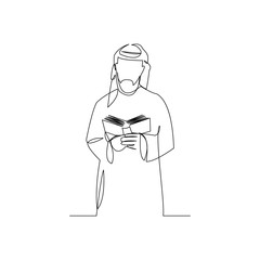 Continuous line drawing of muslim man read quran can use for ramadan and ied mubarak. Vector illustration.