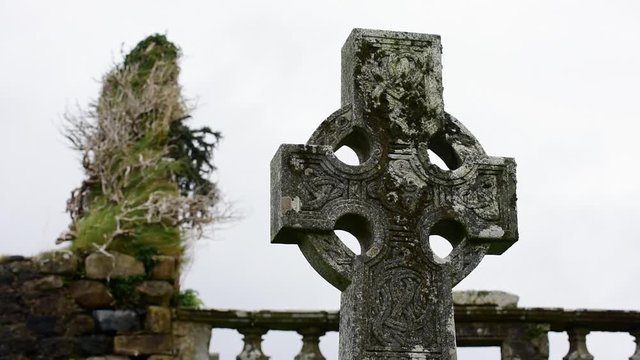 Celtic cross in the graveyard of Cill Chriosd / Kilchrist Church, a ruined former parish church of Strathaird on the Isle of Skye, Highlands, Scotland, UK