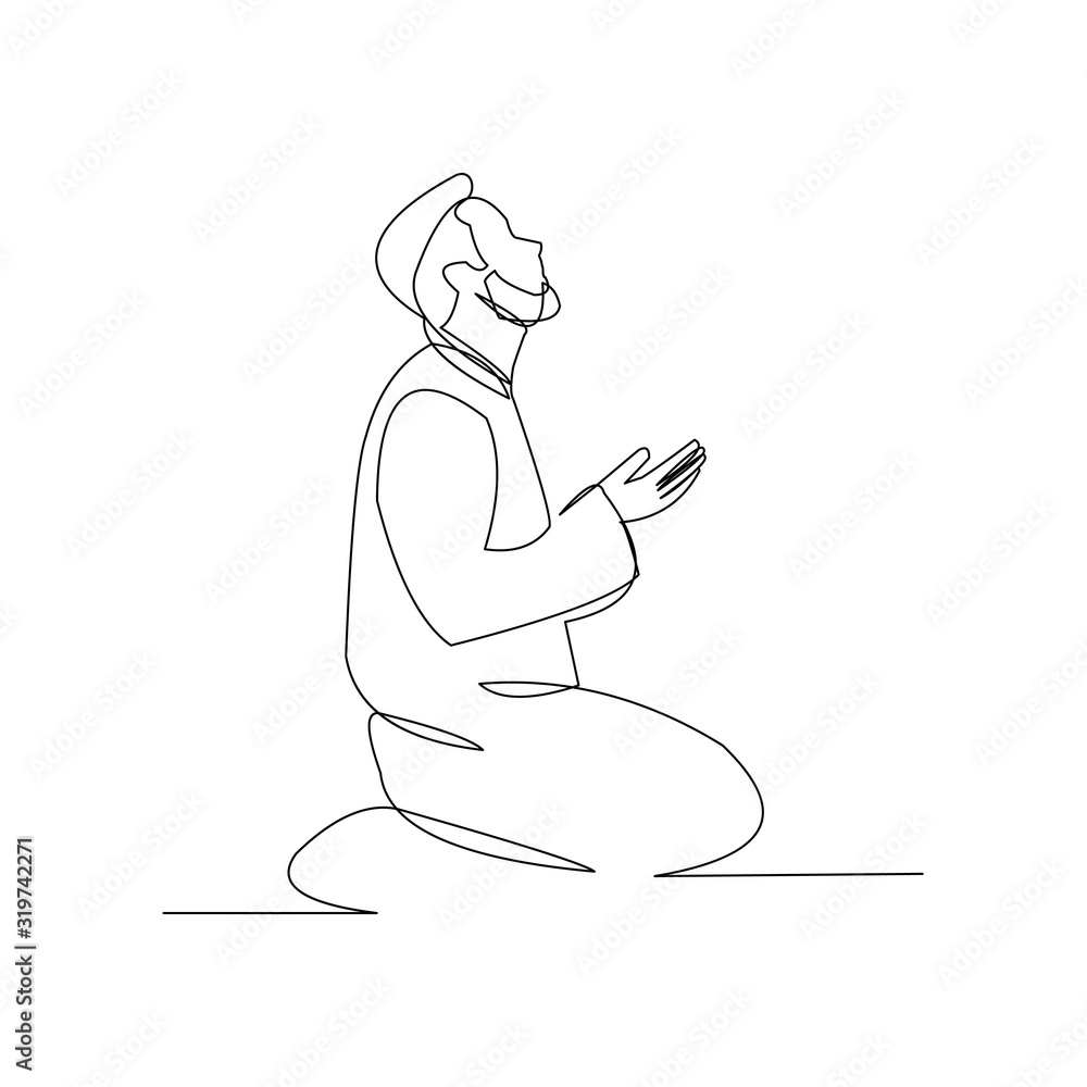 Wall mural continuous line drawing of muslim man pray and raise hand can use for ramadan and ied mubarak. vecto