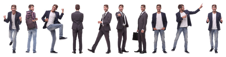 panoramic collage of self-motivated young man .isolated on white