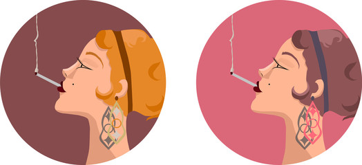 Glamorous woman with abstract shaped earrings smoking a cigarette