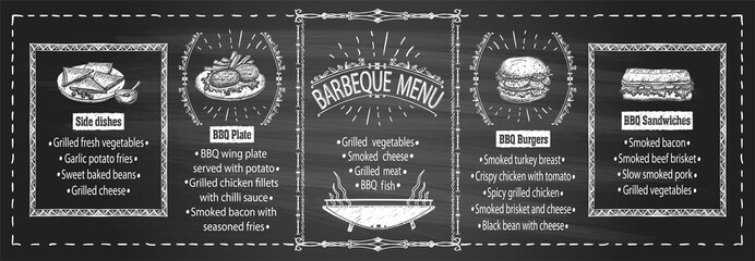 Chalkboard barbecue menu template - steaks, burgers, sandwiches, side dishes - obrazy, fototapety, plakaty
