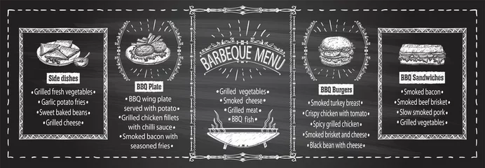 Fotobehang Chalkboard barbecue menu template - steaks, burgers, sandwiches, side dishes © LP Design