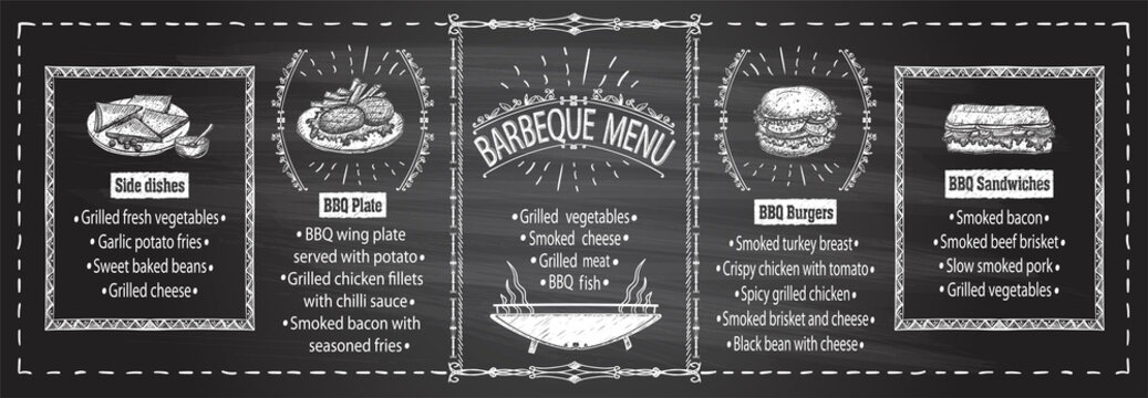 Chalkboard barbecue menu template - steaks, burgers, sandwiches, side dishes