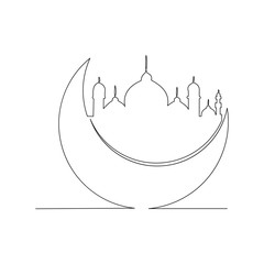 Continuous line drawing of muslim mosque and moon can use for ramadan and ied mubarak event. Vector illustration. 
