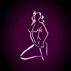 Abstract neon woman body in line art style. Pink color