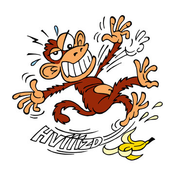 Monkey slipped on the peel of a banana and falls to the ground, color cartoon