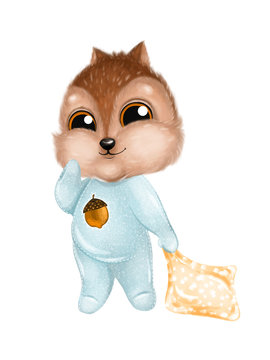 Cute little chipmunk holding pillow. Hand drawn baby shower illustration