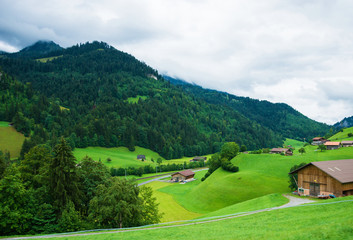 Fototapeta na wymiar Village of Boltigen with Swiss Alps at Jaun Pass in Fribourg canton, Switzerland.