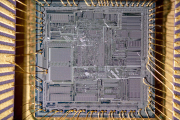 Super macro shot of silicon wafer with printed electronic circuit