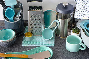 Kitchen utensils on the background of the kitchen. Close-up.