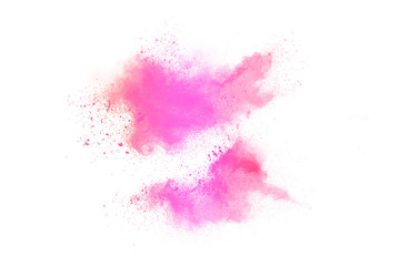 Pink powder explosion on white background. Pink dust splash cloud on white background.