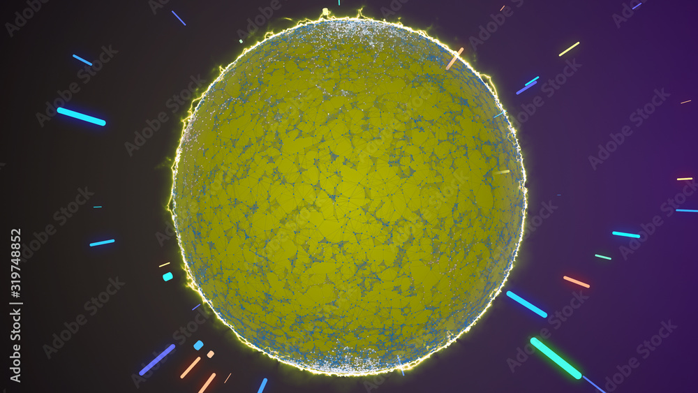 Poster abstract 3d render of virus cell or germs microorganism under microscope over dark background.