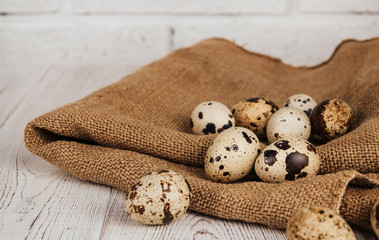  quail eggs on burlap on a wooden white background copy space. natural easter decoration.