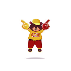 Happy bear jumping with fan gloves. Cute animal character. Brown bear wearing clothes, hand gloves, t-shirt, pants, shoes. Colorful vector illustration
