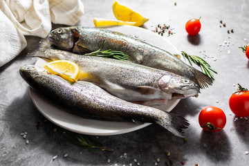 Fresh raw river trout with spices, vegetables and sea salt on the table close up. Healthy food concept.