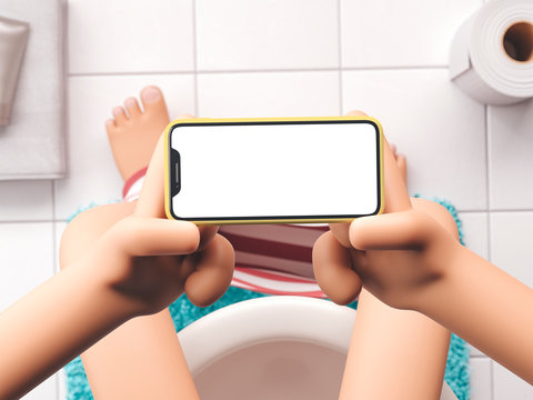 Cartoon device Mockup in bathroom interior. Cartoon hand holding phone down the toilet. 3d illustration.