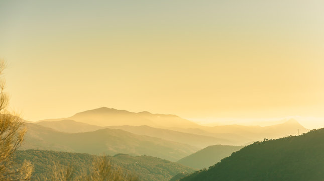 Yellow Foggy Mountains sunrise Nature Backgrounds © Alice_D