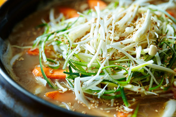 Scallion, enoki mushroom on Korean soup 