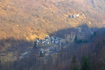 Aerial view of the abandoned Fondo mountain alpine village, in the Chiusella Valley, Piedmont, Italy