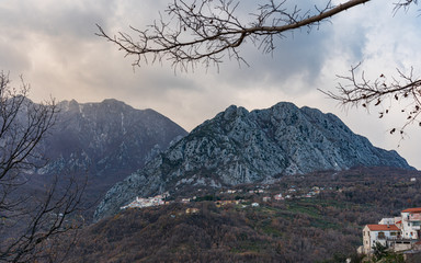 Landscapes of Molise. Monte Marrone e Castelnuovo al Volturno. Winter panorama from the historic center of Scapoli.