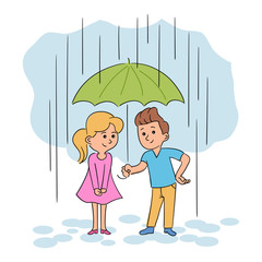 Boy and girl standing under umbrella during rain