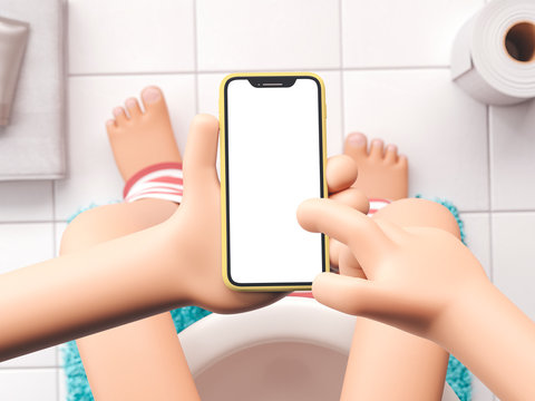 Cartoon Device Mockup In Bathroom Interior. Cartoon Hand Holding Phone Down The Toilet. 3d Illustration.