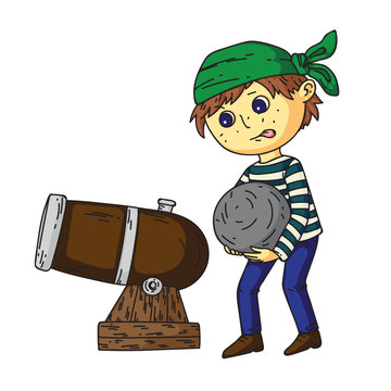 Boy Pirate Charges Cannon With Cannonball On White