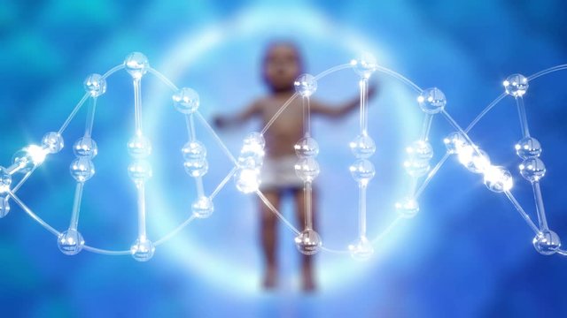 Baby and DNA molecule.  Model of a DNA molecule composited with a blurred baby. Loops.