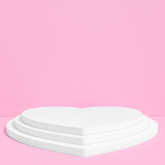 White heart shaped podium stage backdrop on pink background for product display stand or used in other designs 3d rendering. 3d illustration template minimal style concept.