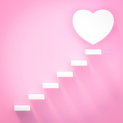 White Stairway and heart on pastel pink background 3d rendering. 3d illustration Valentines Day greeting card template minimal concept.