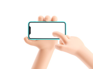 Cartoon device Mockup. Cartoon hand holding phone on white background. 3d illustration.