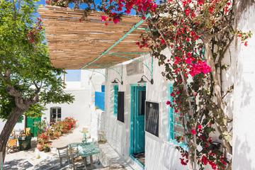 Traditional street with cute cafe bars in Greece. Beautiful colorful greek houses with flowers on Amorgos island