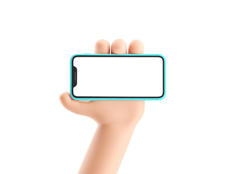 Cartoon Device Mockup. Cartoon Hand Holding Phone On White Background. 3d Illustration.