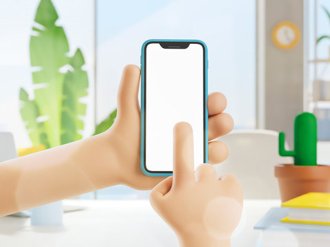 Cartoon device Mockup. Cartoon hand holding phone at his desk in the office. 3d illustration.