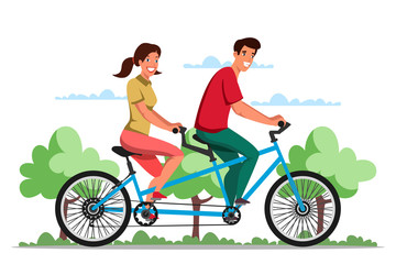 Man and woman riding eco-friendly tandem bicycle